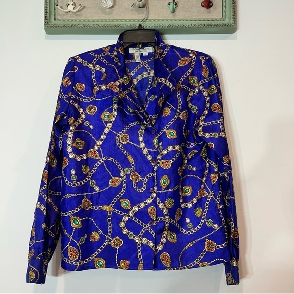 Laura Jayne Collection Polyester Vintage 80s Blouse Chains cache Jewels jacket 6 - Picture 4 of 5